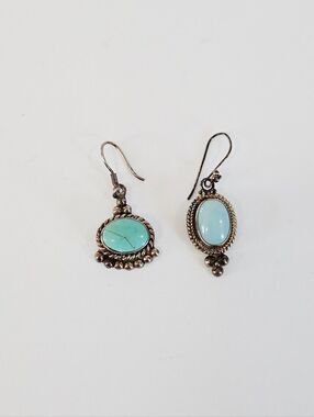 Vintage Sterling Silver Turquoise Chalcedony Stone Drop Mismatched Earring Set